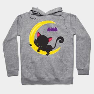 Halloween Cat, Cute Cat, Black Cat, Moon, Bat Hoodie